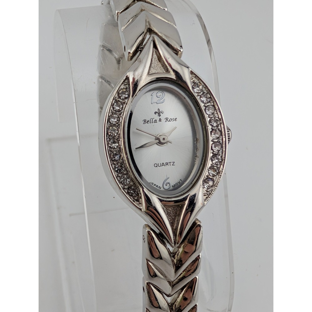 Bella & Rose Watch Women 20mm Case Crystal Bezel Silver 7.25" Band- New Battery